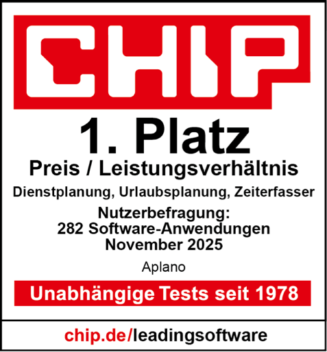 CHIP Leading Software 2025: Aplano auf Platz 1 für Preis-Leistung bei Dienstplanung, Urlaubsplanung und Zeiterfassung