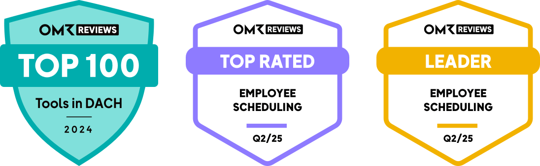 OMR Reviews Auszeichnungen für Aplano: Top 100 Tools in DACH 2024, Top Rated und Leader Employee Scheduling Q2 2025