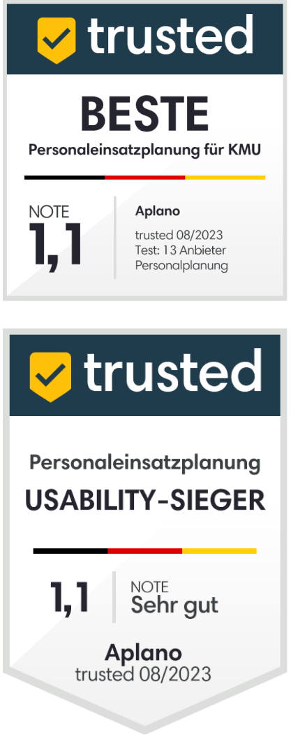 trusted.de Auszeichnungen für Aplano: Beste Personaleinsatzplanung für KMU und Usability-Sieger mit Note 1,1, August 2023
