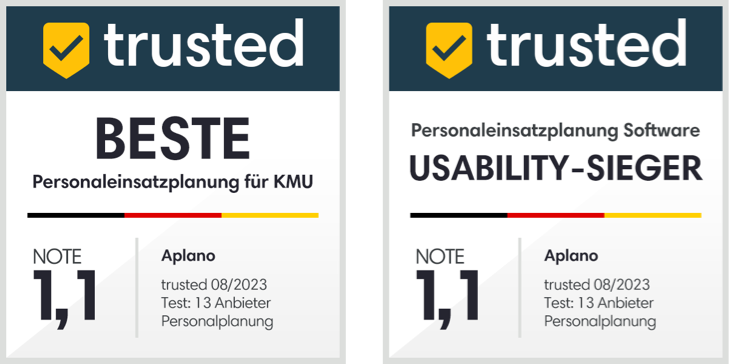 trusted.de Auszeichnungen für Aplano: Beste Personaleinsatzplanung für KMU und Usability-Sieger mit Note 1,1, August 2023