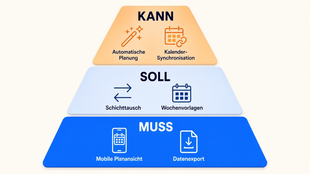 Anforderungspyramide mit Muss-, Soll- und Kann-Funktionen einer Schichtplanungssoftware