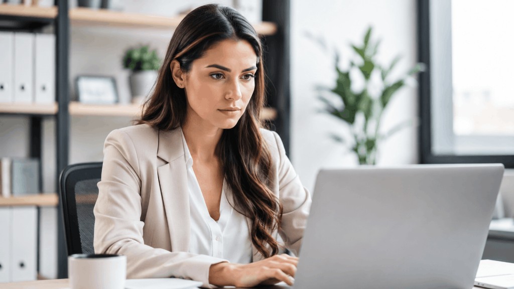 Mitarbeiterin prüft Dienstplan und Arbeitszeiten am Laptop im Büro