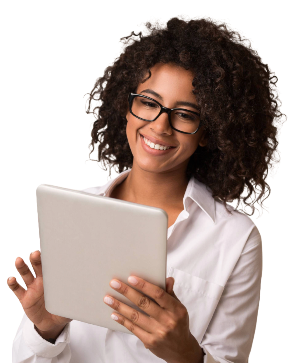 Mitarbeiterin prüft ihre Schichten und ihr Stundenkonto auf einem Tablet