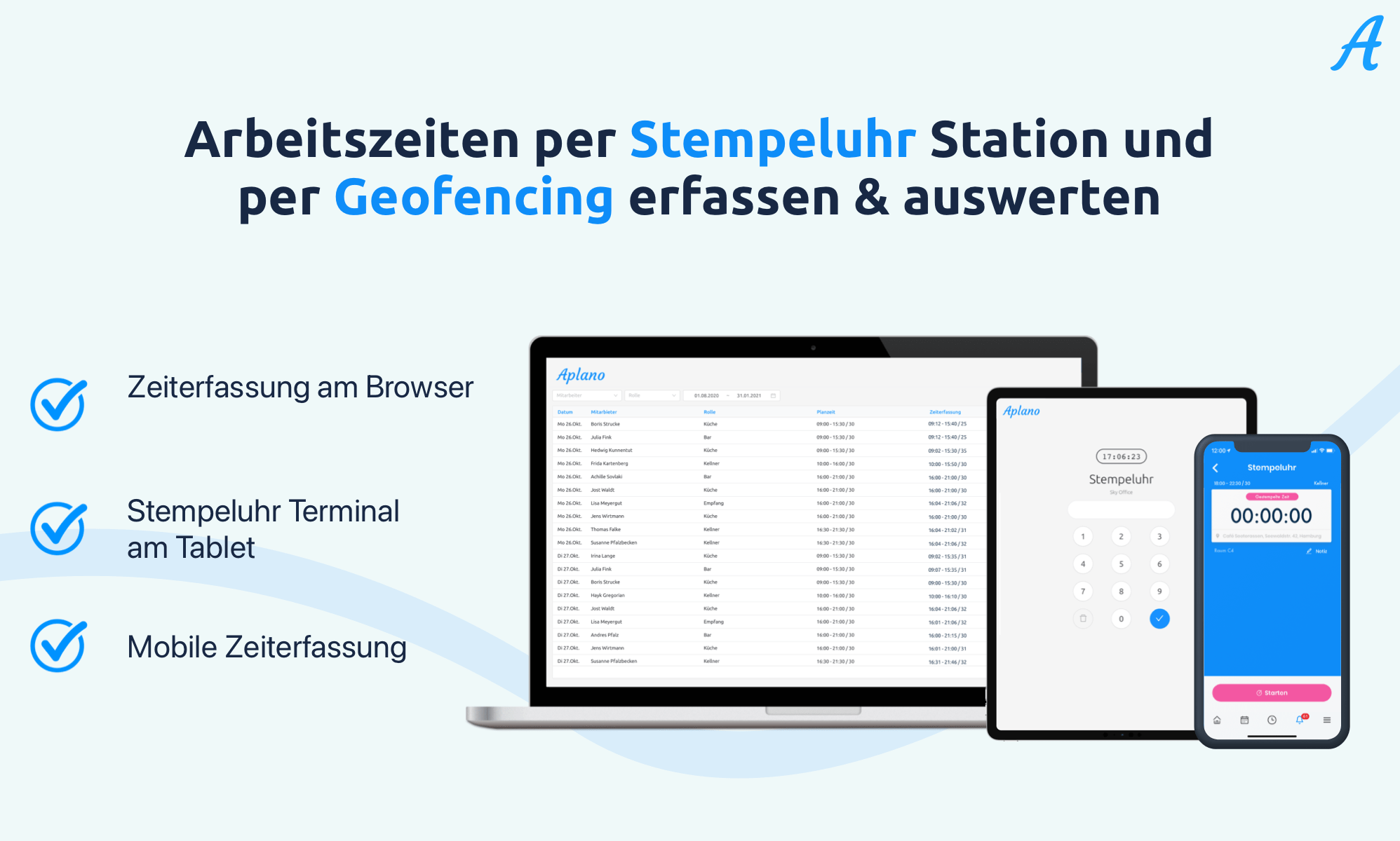 Aplano Zeiterfassung per Stempeluhr